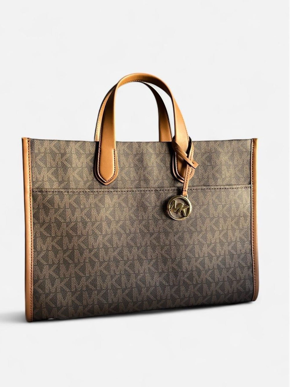 Michael Kors Brown Logo Tote with Tan Handles and Gold Charm
